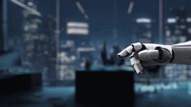 Fütüristik bir robot eliyle gelişen bir finansal büyüme grafiğine işaret ederek, kentsel geçmişe sahip modern bir iş ortamındaki ilerlemeyi ve teknolojiyi sembolize ediyor. Auvana