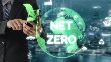 Çevresel denge, dijital sürdürülebilirlik ikonları, yeşil enerji hedefleri ve gelecek için eko-bilinçli dijital iş dönüşümü ile ağ sıfır ve sürdürülebilirlik kavramları. Muxer