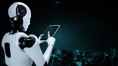 Futuristic robot artificial intelligence huminoid AI transportation analytic technology development and machine learning concept. Global robotic science research for future of human . 3D rendering.