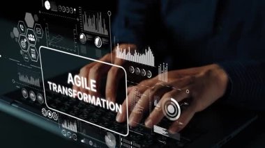 Modern Çalışma Alanında Eller Dizüstü Bilgisayarda Çevik Dönüşüm Grafikleri ve Veri Görselleştirme Kavramları ile Yazılıyor. Asemptotik akıllı veri analitiği.