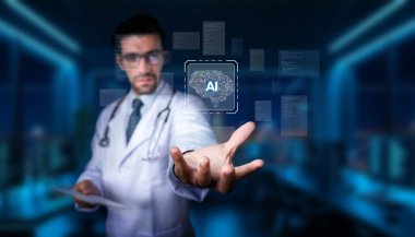 Bir sağlık uzmanı, gelişmiş bir ortamda yapay zeka teknolojisiyle etkileşime geçerek tıbbın ve ileri teknoloji dijital çözümlerin kesişimini resmediyor. PHMT