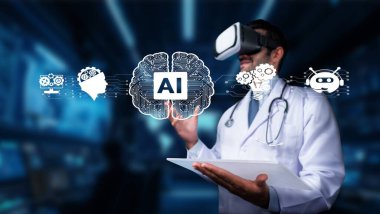 Bir tıp uzmanı sanal gerçeklik teknolojisini sağlık hizmetlerindeki yenilikleri araştırmak için kullanır. Görüntü yapay zeka entegrasyonunu gösteriyor, hasta bakımını ve tanı yeteneklerini arttırıyor. PHMT