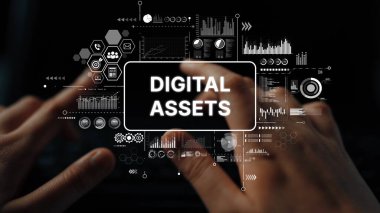 Finansal Teknoloji için Dijital Servetleri ve Veri Görselleştirme Konseptlerini Temsil eden Dijital Grafiklerle Elleri Etkileşiyor. Asemptotik akıllı veri analitiği.