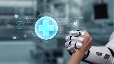 Robot elini kapat ve insan elini tıbbi çapraz hologramla sık. Yapay zeka ve insan birlikte çalışmak ya da bulanık laboratuarlarla yüzen çapraz hologramla anlaşma yapmak. Sağlıklı..