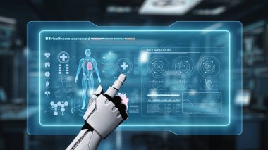 İnsan anatomisine tıklayarak tıbbi verilere ya da teşhislere ulaşın. Semptomu analiz ederken X ışını hologramında robot el kontrolü. Sağlıklı..