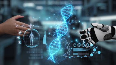 Bulanık laboratuarda yüzen DNA hologramıyla el sıkışmak için insan ve beyaz robotik ele uzanıyor. İnsan ve yapay zeka, semptomları analiz etmek ve teşhis etmek için birlikte çalışıyorlar. Sağlıklı..
