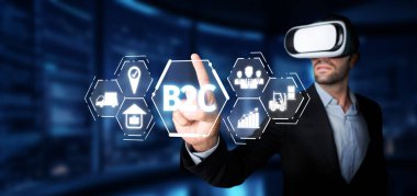 Gösterişli bir ofis ortamında müşterilerle iş ilişkilerini geliştirmek için sanal gerçeklik teknolojisi kullanan bir profesyonel, yenilik ve dijital katılım stratejileri sergiliyor. XDMCP