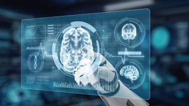 Bulanık laboratuvar arka planına sahip beyin hologramına robotik el gösterimi yap ve tıkla. Tıbbi verilere erişmek ve onları teşhis etmek için robot el beyin ikonuna tıklıyor. Sağlıklı..