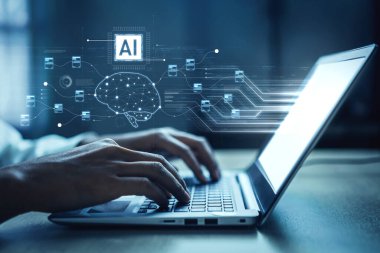 Yapay zekayı beyin yapısı, çip ve bağlı veri bloklarını hesaplama ve öğrenme kesesi ile görselleştiren yapay zeka ve veri işleme sistemi