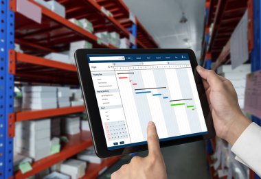 Ekip projesinin zaman çizelgesini gösteren bilgisayar ekranında, modern iş projesi yönetimi için proje planlama yazılımı