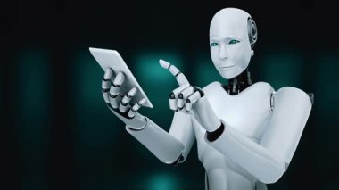 Robot hominoid use mobile phone or tablet for big data analytic using AI thinking brain , artificial intelligence and machine learning process for the 4th fourth industrial revolution . 3D rendering.