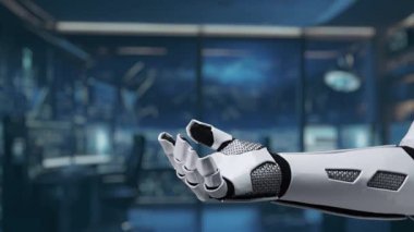 Bu video, yapay zeka teknolojisi ve modern dijital iletişim ile etkileşimi sembolize eden yüksek teknolojili bir çevreye uzanan robotik bir el gösteriyor. Auvana