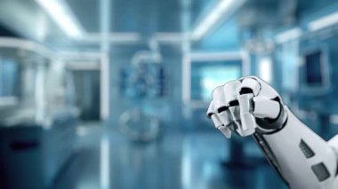 Bulanık laboratuvar arka planına sahip DNA hologramına robotik el gösterimi ve dokunuşlarını kapat. Tıbbi verilere erişmek ve onları teşhis semptomlarına bağlamak için robot el DNA ikonuna tıklıyor. Sağlıklı..