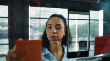 Genç İspanyol çalışanlar renkli yapışkan notlar yazıyorlar. Akıllı iş kadını pazarlama fikrini, beyin fırtınası stratejisini, iş planını paylaşıyor. Proje yöneticisi zihin haritası çiziyor. - Yakın çekim. Yönlendirici.