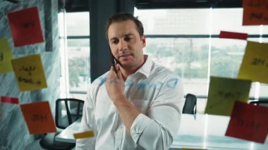 Profesyonel işadamı renkli yapışkan notlara yazılmış pazarlama stratejisi fikrine bakarken müşterilerine telefon ediyor. Proje yöneticisi duvardaki telefon analiz verileriyle konuşuyor. Yönlendirici.