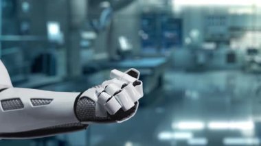 Tıbbi haç hologramı havada süzülürken robot elinin avuç içini kapat. Tıbbi verilere erişip, semptomlara bağlanırken tıbbi çapraz holografiği gösteren bir el. Sağlıklı..