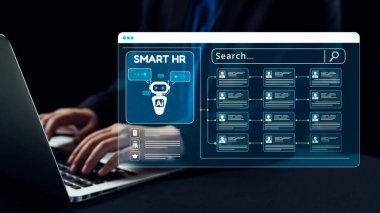 Bu ayrıntılı resim, dijital robot asistan ve gelişmiş veri yönetim araçlarının yer aldığı kusursuz bir kullanıcı deneyimi için tasarlanmış gelecekçi bir HR teknoloji arayüzü sergiliyor. Dörtgen