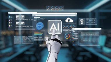 Robotik bir el dijital bir arayüze uzanıyor, gösterişli, fütürist ofis ortamında çeşitli veri gösterimleri ve yapay zeka analizleri sunuyor. Auvana