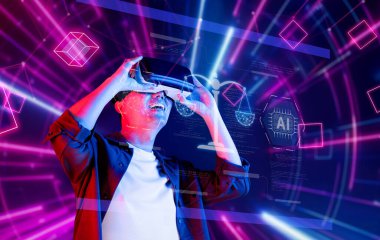 Sanal gerçeklikle ilgilenen bir kişi, yapay zeka ve dijital hukukun yakınlaşmasını sembolize eder, siber güvenlikteki etik, uyum ve yönetime odaklanır. XDMCP