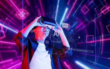 Sanal gerçeklikle uğraşan, yapay zeka kavramlarını keşfeden, teknolojinin ve iletişimin geleceğini gösteren bir kullanıcının canlı tasviri. XDMCP