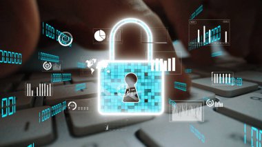 Bir asma kilit sembolü ve veri tablolarının yer aldığı dijital güvenliğin bir çizimi. Bu resim veri koruması ve siber güvenlik önlemlerinin önemini vurgular. Xenic