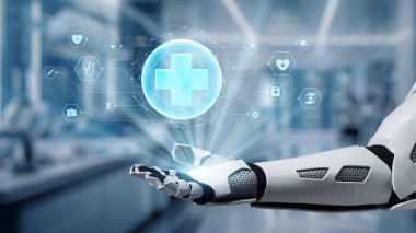 Tıbbi haç hologramı havada süzülürken robot elinin avuç içini kapat. Tıbbi verilere erişip, semptomlara bağlanırken tıbbi çapraz holografiği gösteren bir el. Sağlıklı..