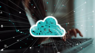 Veri transferi ve teknoloji ikonlarının görsel temsili, dinamik ortamlardaki şirketler için modern dijital çözümleri göstermektedir. Xenic