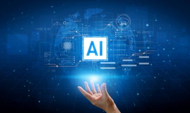 Yapay zeka teknolojisi dijital devre bağlantılarıyla sunulur, yapay zeka sistemlerini sembolize eder, işleme gücünü ve modern dijital platformlara entegrasyonu simgeler.