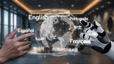 Büyüleyici bir görüntü, çeviri ve iletişimin geleceğini gösteren, dijital bir küreyle etkileşen bir insan eli ve robot bir eli gösteriyor. Auvana