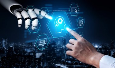 Bilgi, amaç, görev yönetimi ve sistem optimizasyonu ikonları ile yapay zeka veya insan güdümlü beceri edinme ve eğitim