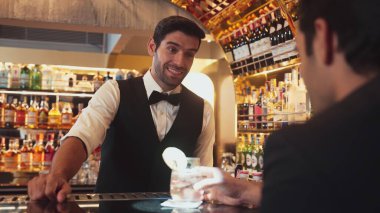 Akıllı barmen, lüks bir tezgahta arkadaşını beklerken limonlu cin kokteyli ikram ediyor. Barmen, canlı gece hayatı parti atmosferinde mükemmel hizmet veriyor. Vinosity.