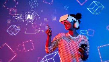 Genç bir kadın sanal gerçeklik teknolojisiyle neşe içinde, dinamik grafiklerle dolu canlı bir dijital ortamda yapay zekanın geniş olanaklarını keşfediyor. XDMCP