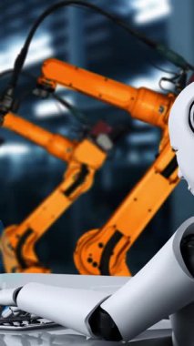 Cybernated industry robot and robotic arms for assembly in factory production . Concept of artificial intelligence for industrial revolution and automation manufacturing process .