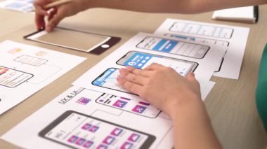 Mobil uygulama için kullanıcı arayüzü prototipi ya da masadaki program modeliyle birlikte web sitesi planlaması yapan bir şirket çalışanı. UX UI tasarımcısı kullanıcı dostu arayüz planını dikkate alır. Sinerjik