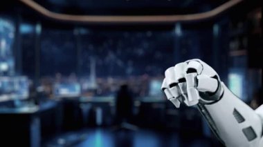 Bir robot kolu, dijital gelişim kavramını gösteren çeşitli teknoloji simgeleriyle çevrili şeffaf bir ekranda ışıldayan bir ilerleme çubuğunu işaret ediyor. Auvana