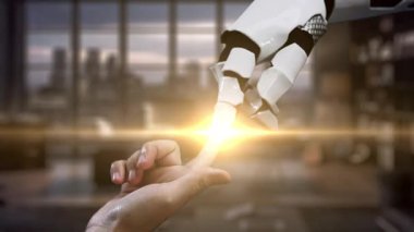 Bir robot el insan eline doğru uzanır, insan ve makine arasındaki işbirliğini sembolize eder, kütüphane ortamındaki fütüristik holografik görüntülerle çevrilidir. Auvana