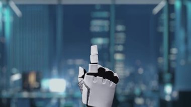 Robot bir el, teknolojinin ve dijital iletişimin modern fütüristik bir ortamda yakınlaşmasını gösteren yapay zeka arayüzünü işaret ediyor. Auvana