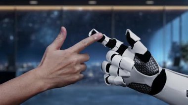 İnsan eliyle robotik el arasındaki işbirliğini gösteren, pazarlama stratejisi ve veri analizine odaklanmış, dinamik bir sahne. Auvana