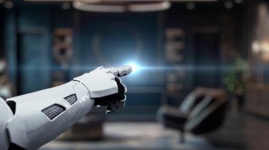 Dijital bir arayüzü işaret eden robotik bir el şık bir ofis ortamında pazarlama stratejisi unsurlarını sergiliyor, teknoloji ve iş inovasyonunun füzyonunu vurguluyor. Auvana