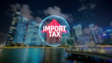 Yükselen Ok ve City Skyline Arkaplan Ekonomik Tasarruf ve Küresel Finans Üzerine Vergi İthalat Etkisi. Sevkiyat.
