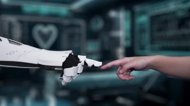 Robot ve insan eliyle insan anatomisi ikonunu işaret ediyor. Robot el ve insanın birlikte çalışırken röntgen hologramıyla bulanık labaratuvarı işaret etmesine yakın çekim. Sağlıklı..