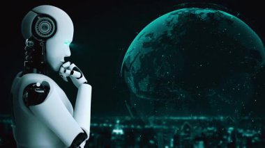 AI robot huminoid uses cloud computing technology to store data on online server . Futuristic concept of cloud information storage analyzed by machine learning process . 3D rendering .