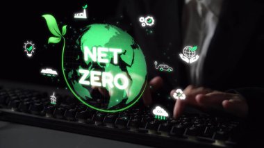 Çevresel denge, dijital sürdürülebilirlik ikonları, yeşil enerji hedefleri ve gelecek için eko-bilinçli dijital iş dönüşümü ile ağ sıfır ve sürdürülebilirlik kavramları. Muxer
