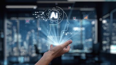 İş ortamında yenilik, veri analizi ve teknolojiyi sembolize eden holografik bir teçhizatla yapay zekanın modern temsili. Auvana