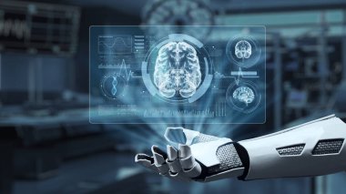 Bulanık laboratuvar arka planına sahip beyin hologramına robotik el gösterimi yap ve tıkla. Tıbbi verilere erişmek ve onları teşhis etmek için robot el beyin ikonuna tıklıyor. Sağlıklı..