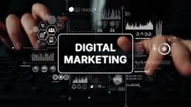 Çevrimiçi Tanıtım Stratejisi için Elleri Klavyede Dijital Pazarlama Grafikleri ve Veri Görselleştirme Elemanlarıyla Yazıyor. Asemptotik akıllı veri analitiği.