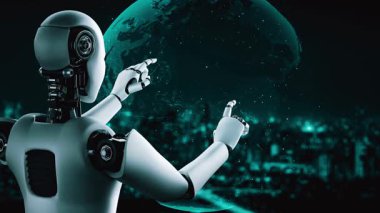 AI robot huminoid uses cloud computing technology to store data on online server . Futuristic concept of cloud information storage analyzed by machine learning process . 3D rendering .