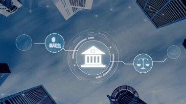 Adalet ölçeğini gösteren fütürist dijital hukuk arayüzü, dijital hukukun altını çizen, AI uyumu, dijital hukuk sistemleri ve güvenli yönetim için dijital hukuk düzenlemeleri. Muxer