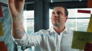 Profesyonel erkek lider yapışkan notlar üzerine pazarlama fikri yazıyor. Kafkasyalı işadamı cam duvarda renkli yapışkan notlar kullanırken pazarlama kampanyasını düşünüyor. - Yakın çekim. Yönlendirici.