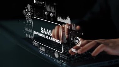 Eller Laptop 'ta Yazılım Dijital Kaplaması ile Teknoloji ve İş Geçmişi Hizmeti Konsepti olarak Yazıyor. Asemptotik akıllı veri analitiği.